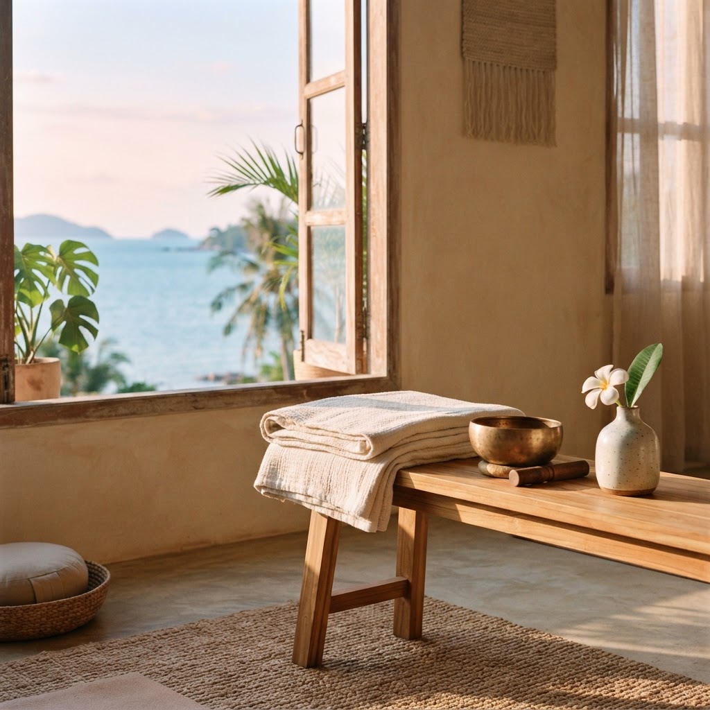 A folded linen blanket, a singing bowl and a single flower on a wooden sill beside an open window with a sea view