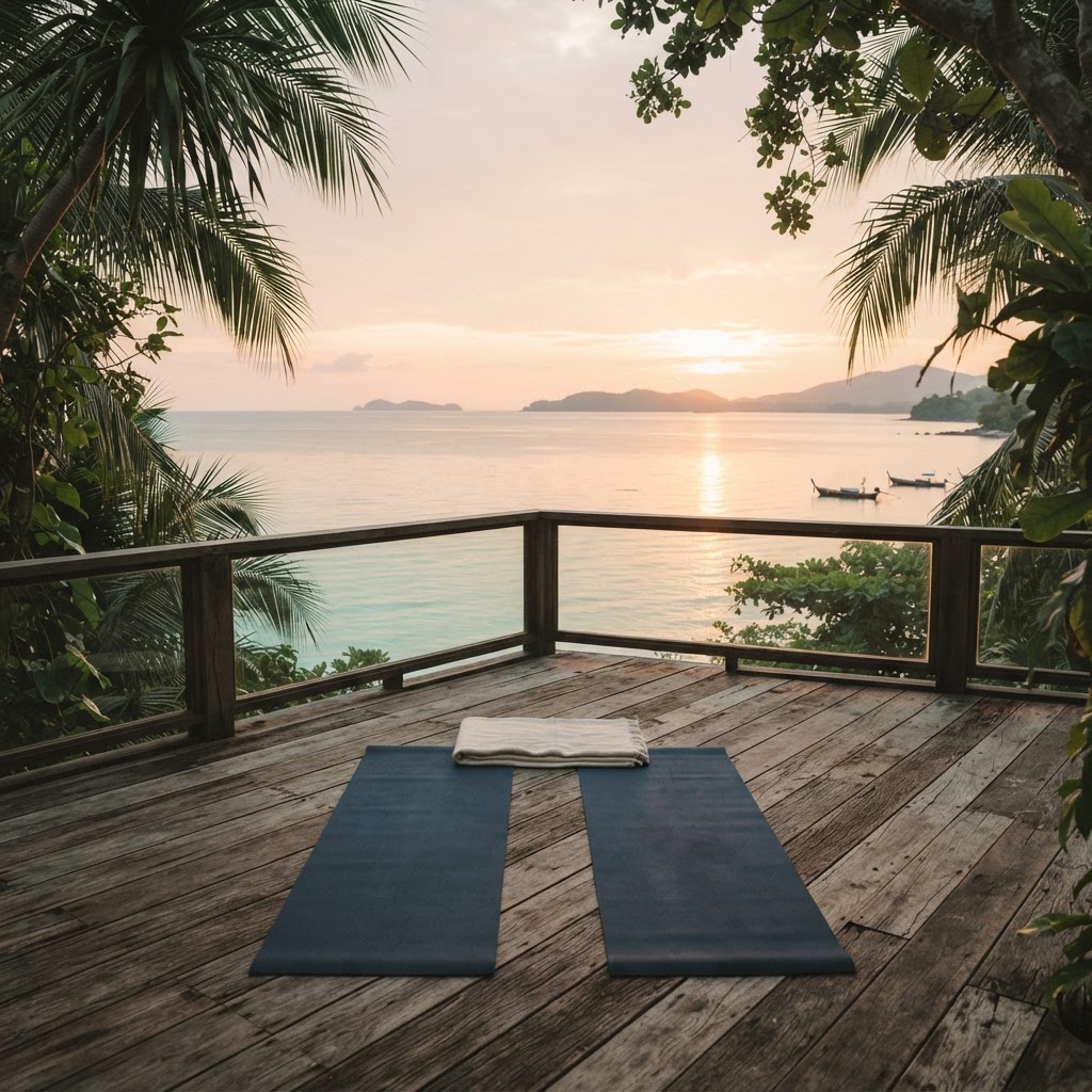 Two mats and a folded blanket laid out on a wooden deck overlooking a calm sea at sunrise