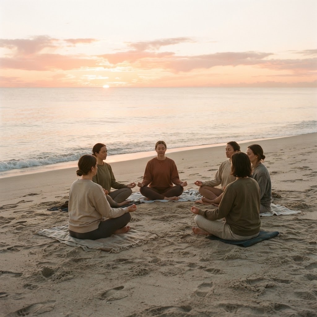 A small circle of people sitting on the sand at sunrise with their eyes closed, breathing together