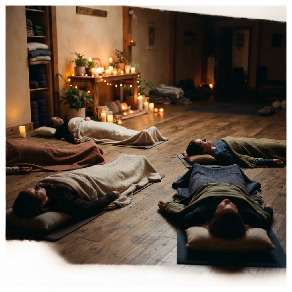 A small group lying on mats under blankets in a softly lit studio, eyes closed and resting during a guided breath session