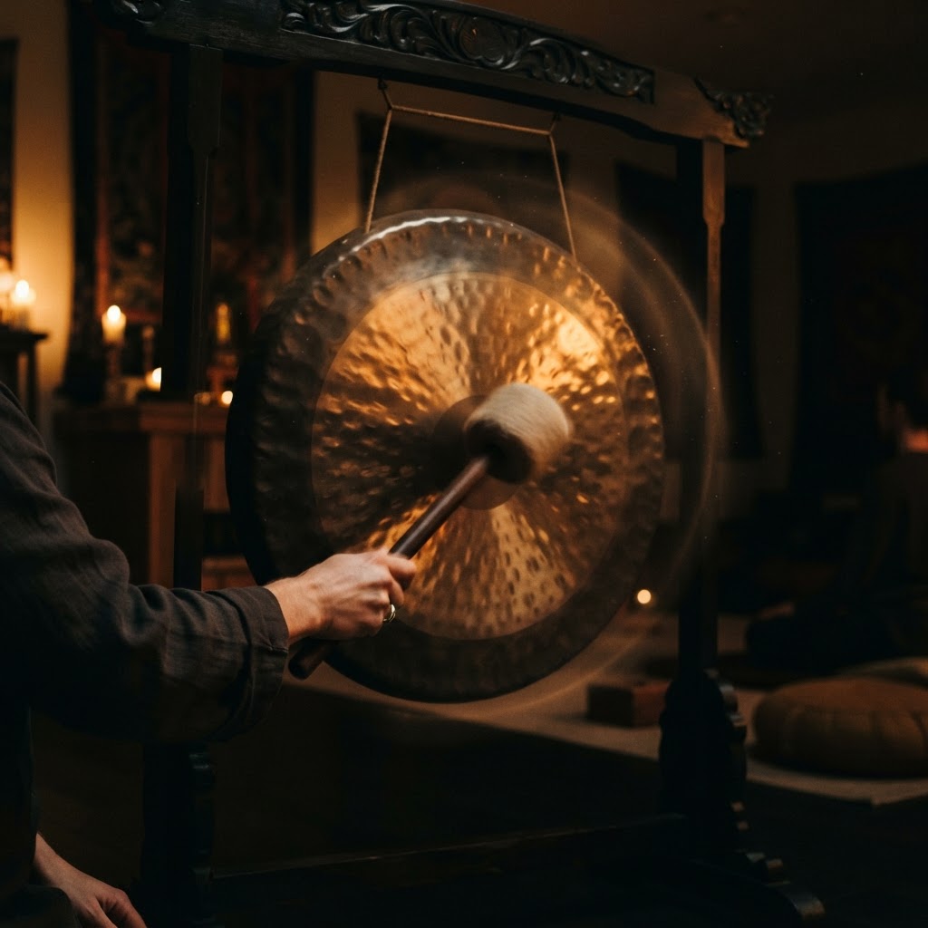 A large bronze gong being struck with a padded mallet, golden light catching the hammered metal