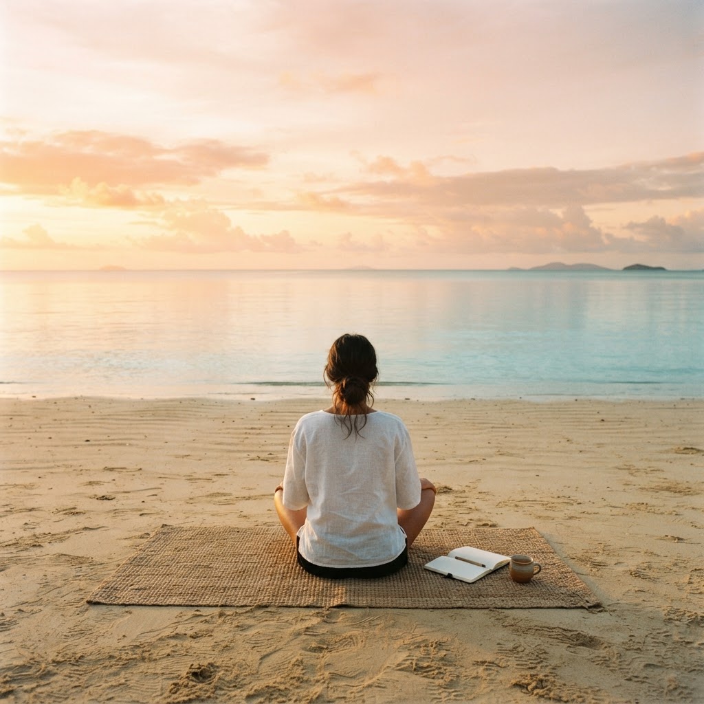 A woman sitting alone on a woven mat on a quiet beach at sunrise, seen from a distance, with a notebook beside her
