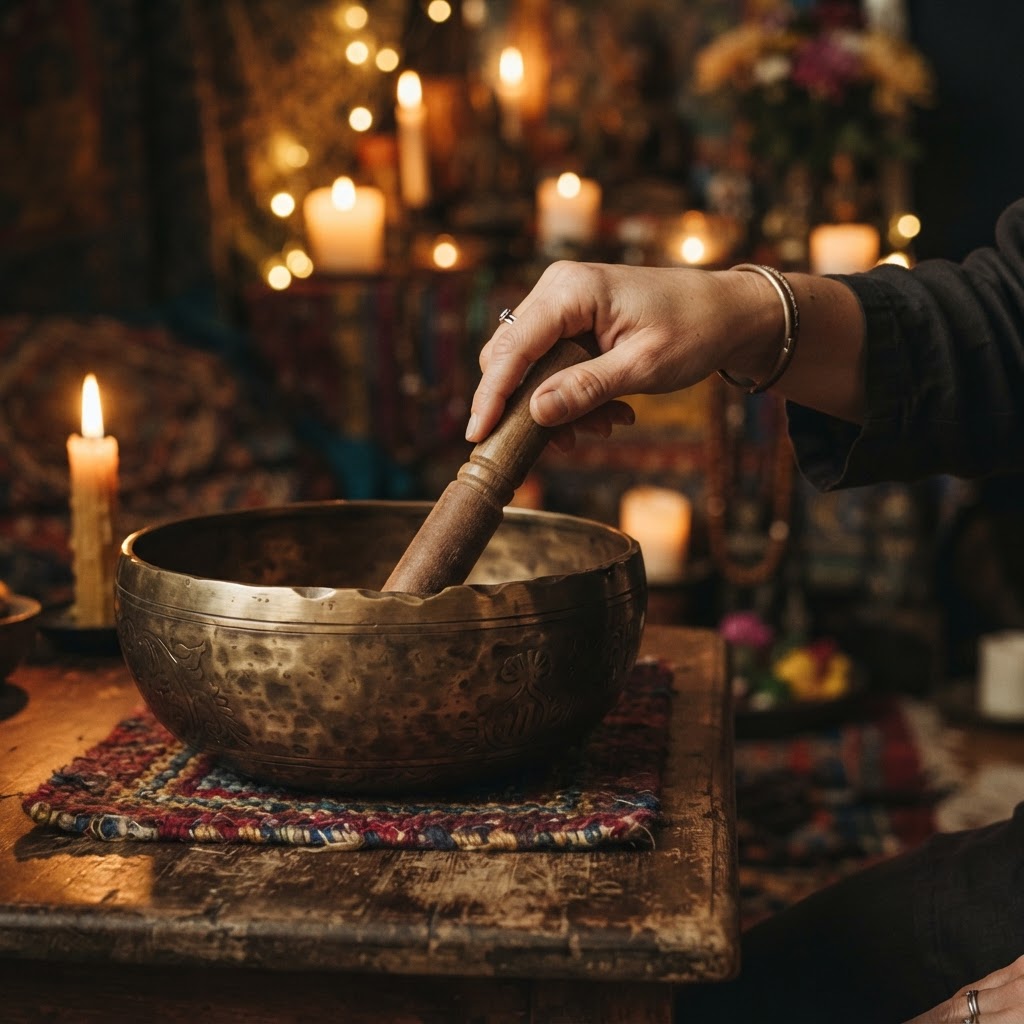 A hand circling a wooden mallet around the rim of a Himalayan singing bowl in warm candlelight