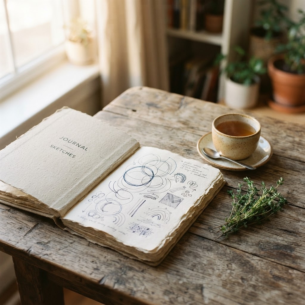 An open notebook with hand-drawn circles and lines on a weathered wooden table beside a cup of tea