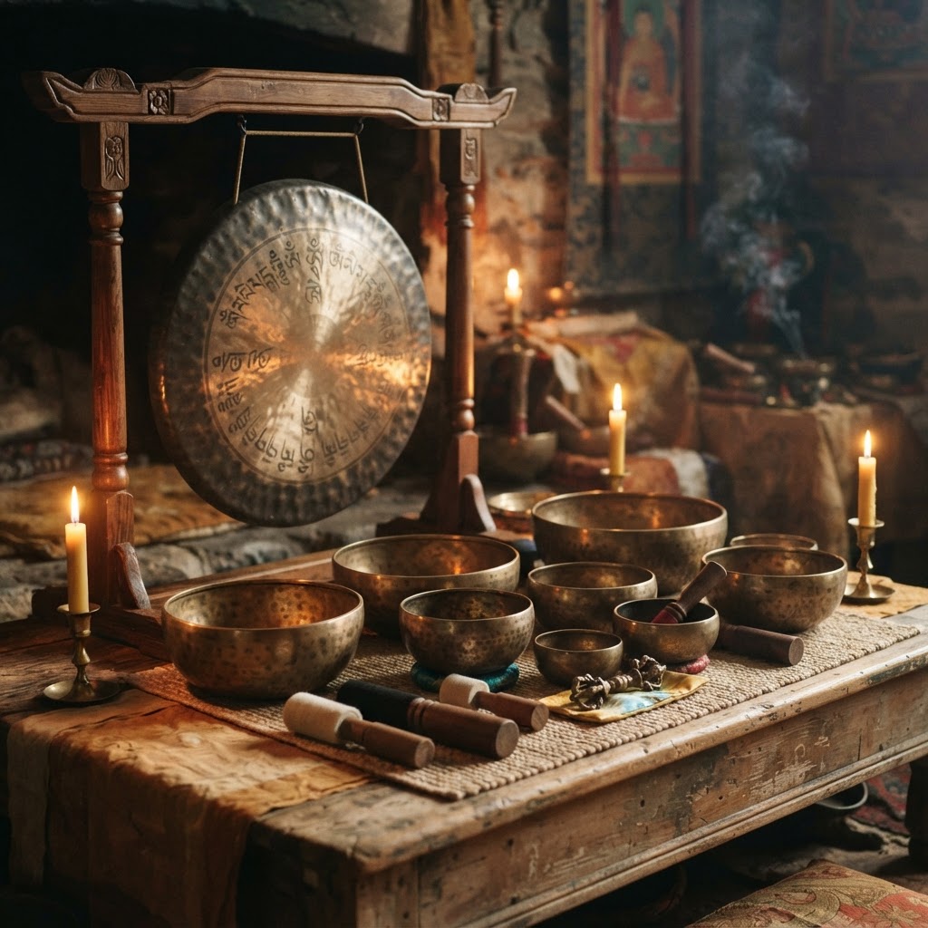 A row of Himalayan singing bowls and a large bronze gong arranged in a warm, dimly lit room