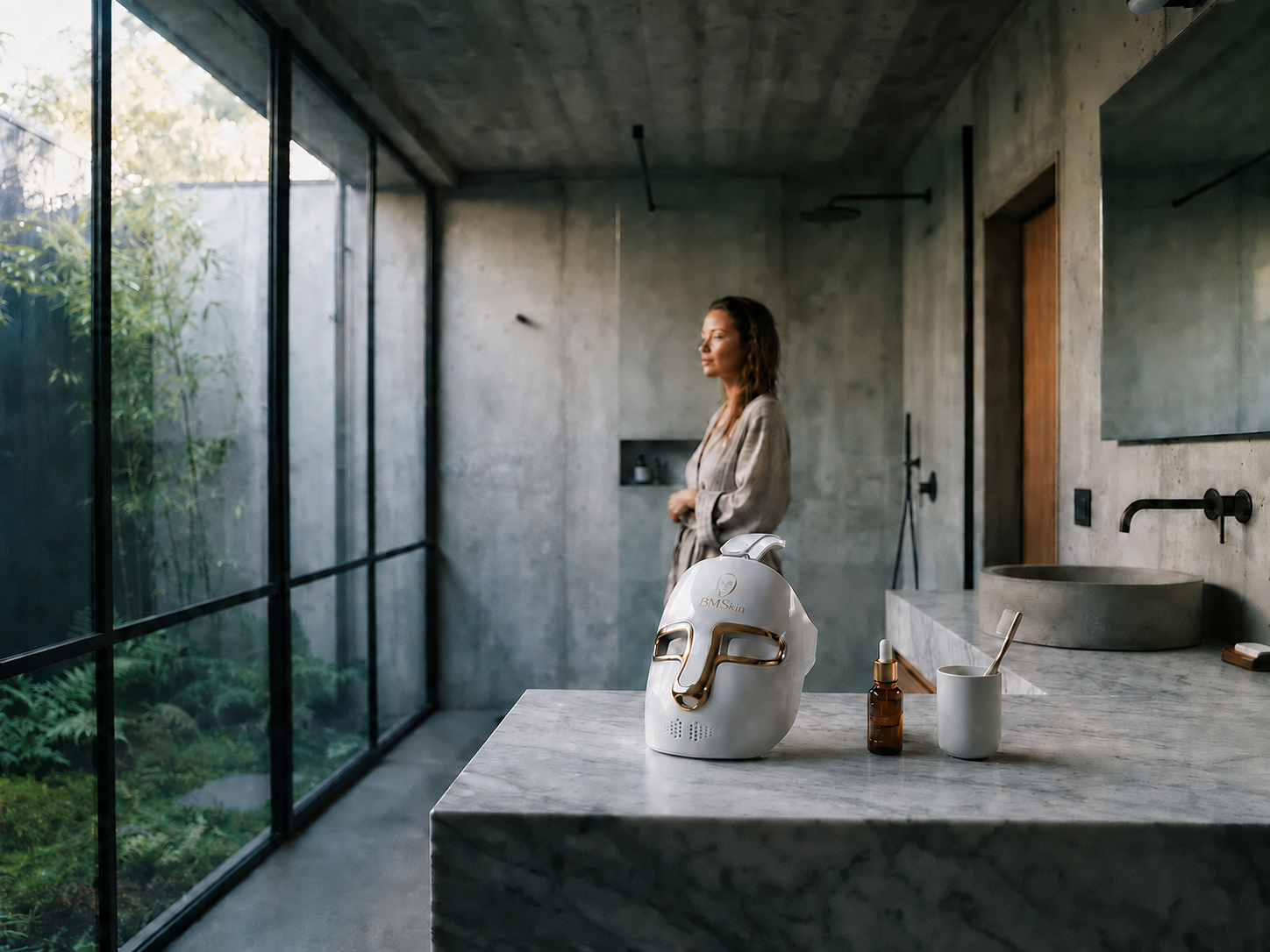 Maschera LED BMSkin sul piano in marmo di un bagno in stile industriale
