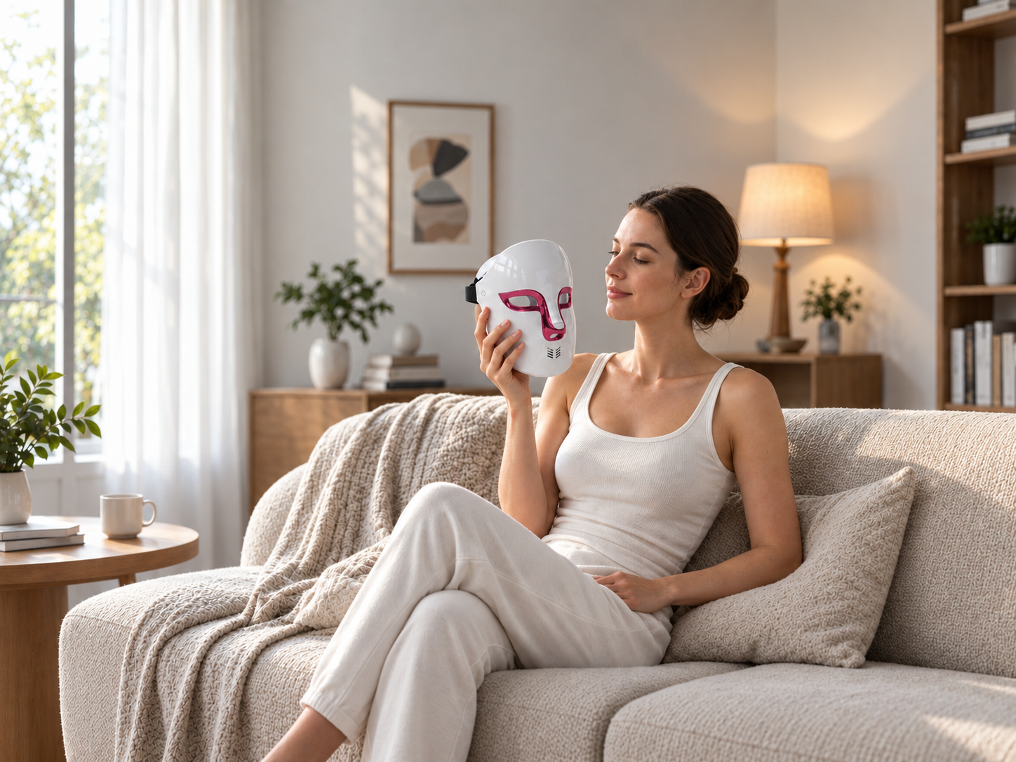 Donna che tiene una maschera LED BMSkin nel comfort di casa.