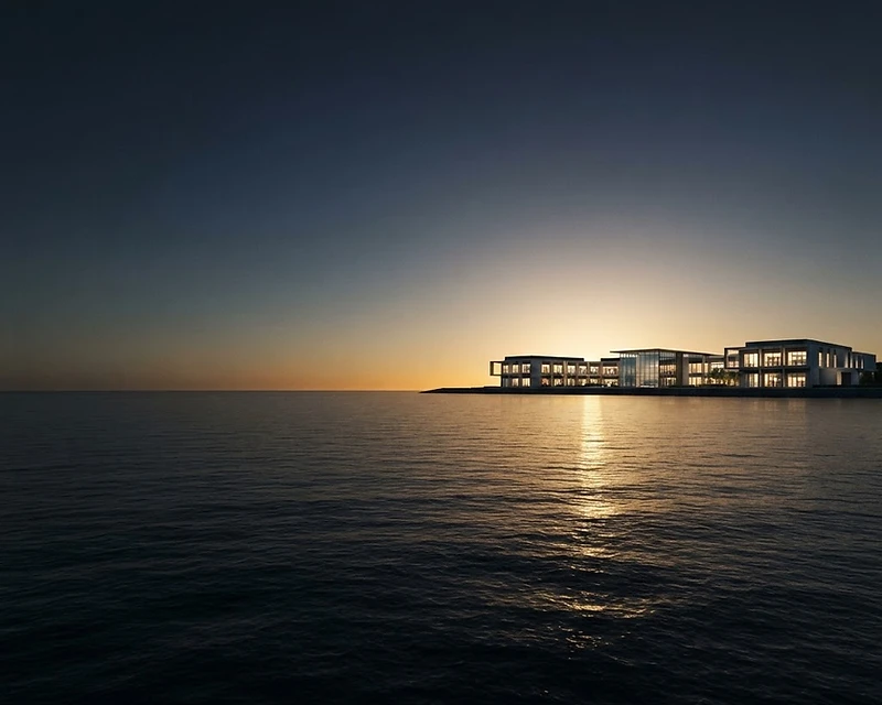 A vast dark ocean at twilight with a thin gold sunset on the horizon