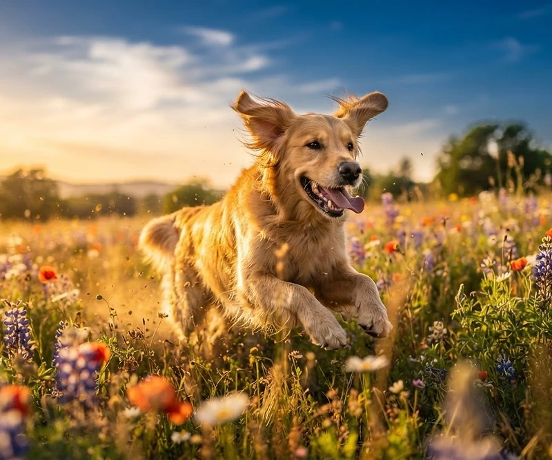 A happy dog running through a sunlit meadow