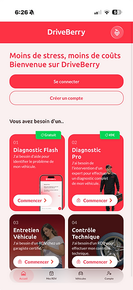 Écran d'accueil de l'application conducteur DriveBerry