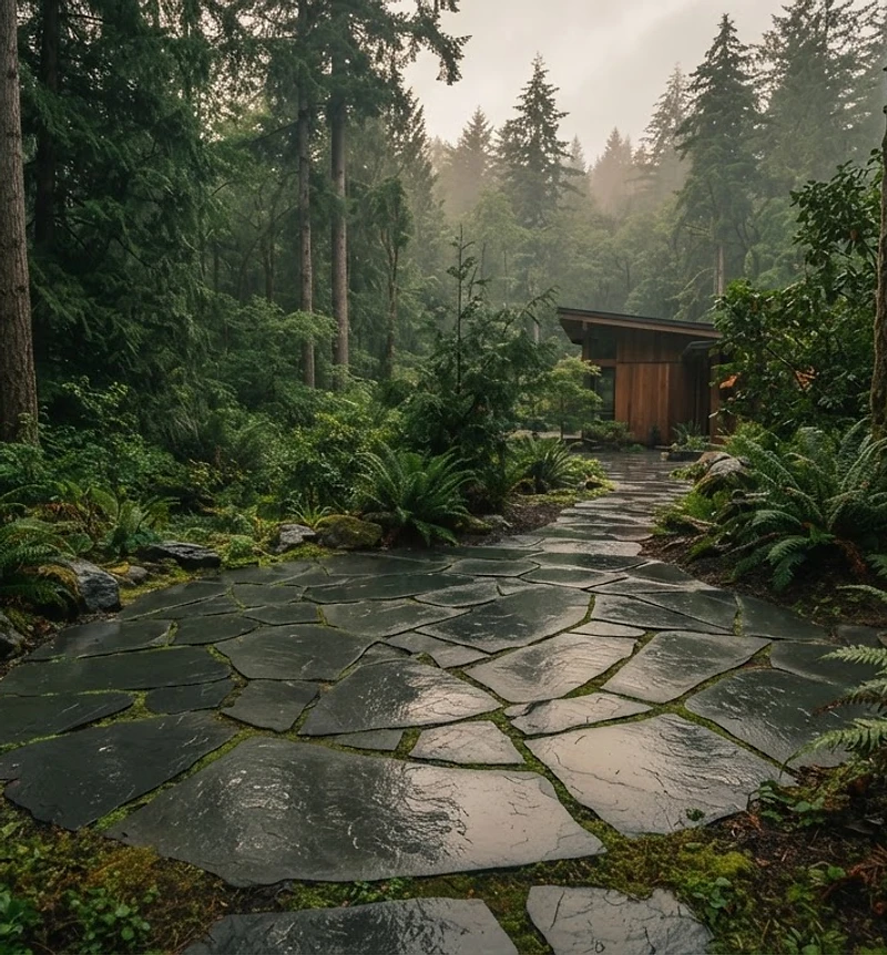 Modern flagstone patio in a lush Washington forest at golden hour