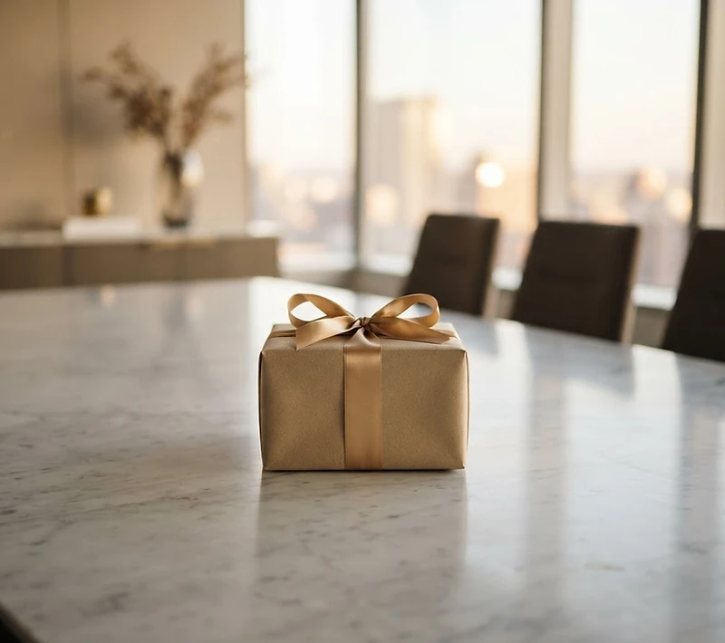 Wrapped corporate gift on a marble boardroom table