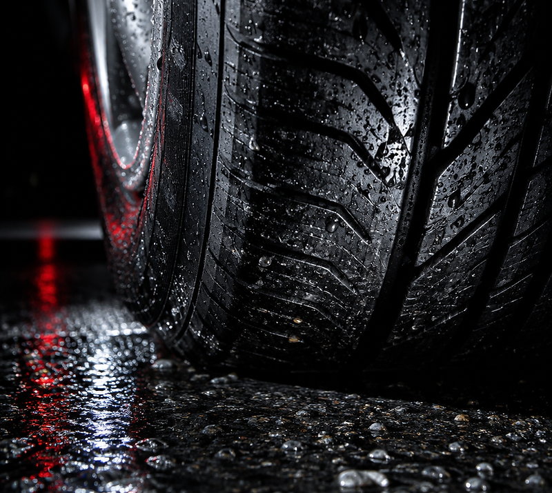Forensic macro of a tyre contact patch on wet asphalt at night