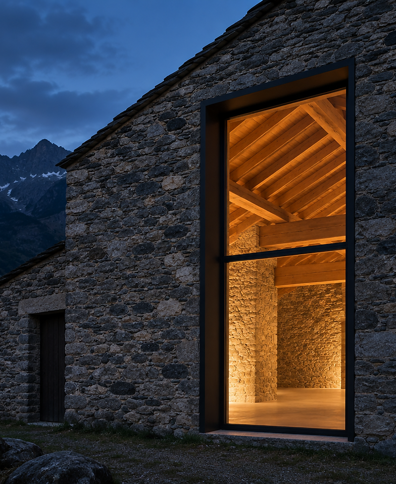 Ambiance : architecture de pierre et de bois, lumière rasante dans les Pyrénées