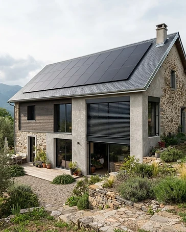 Maison ancienne rénovée : toiture en ardoise équipée de panneaux photovoltaïques alignés et protections solaires extérieures, jardin en contrebas.