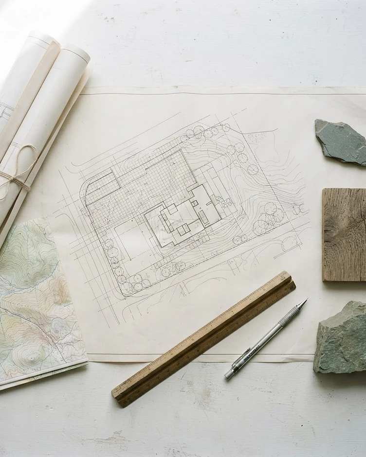 Ambiance : plans et échantillons de matières sur une table de travail