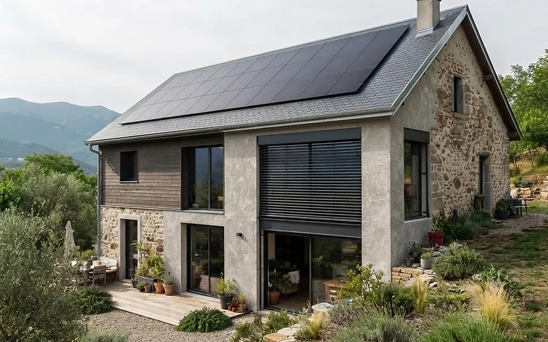 Maison ancienne rénovée : toiture en ardoise équipée de panneaux photovoltaïques alignés, protections solaires extérieures et jardin en contrebas.