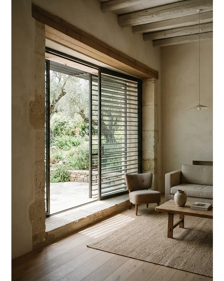 Séjour d'une maison ancienne : embrasure profonde, enduit clair, poutres conservées et protection solaire extérieure sur l'ouverture vers le jardin.