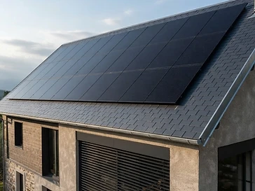 Toiture ancienne en ardoise portant un ensemble de panneaux photovoltaïques noirs alignés, avec une partie de façade en enduit minéral et un châssis contemporain.