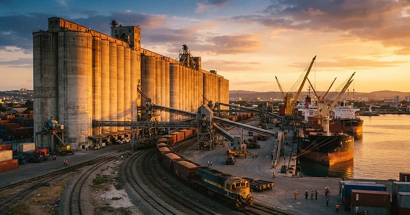 African port and grain silos at dusk
