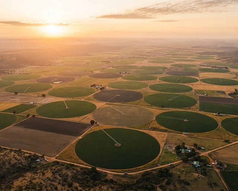 Aerial view of African farmland at golden hour with irrigation circles stretching to the horizon