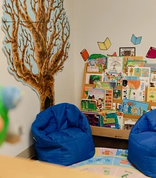 Classroom reading corner with bean bag chairs