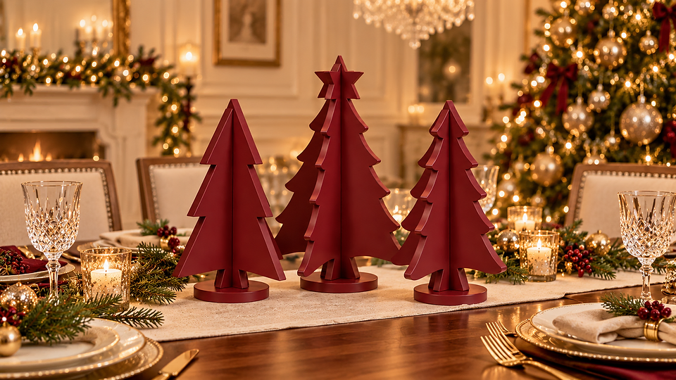 Paint-Grade HDF holiday trees styled on a dining table