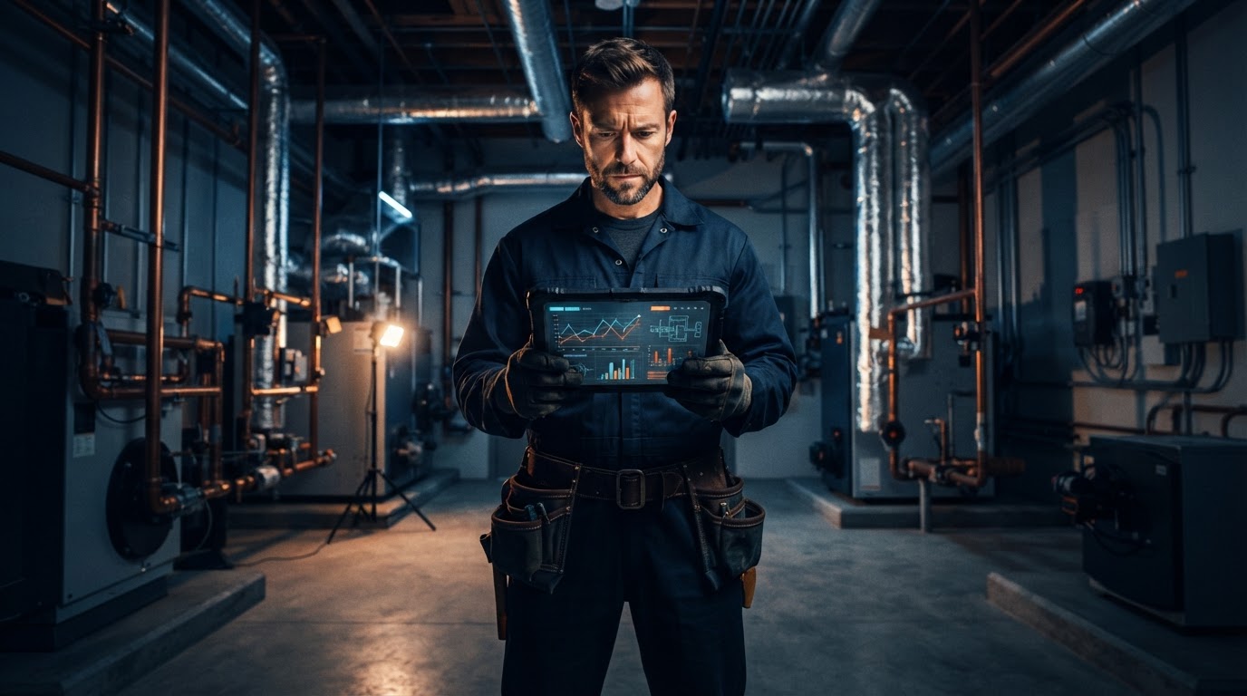 Skilled tradesperson consulting a rugged tablet in a modern mechanical room
