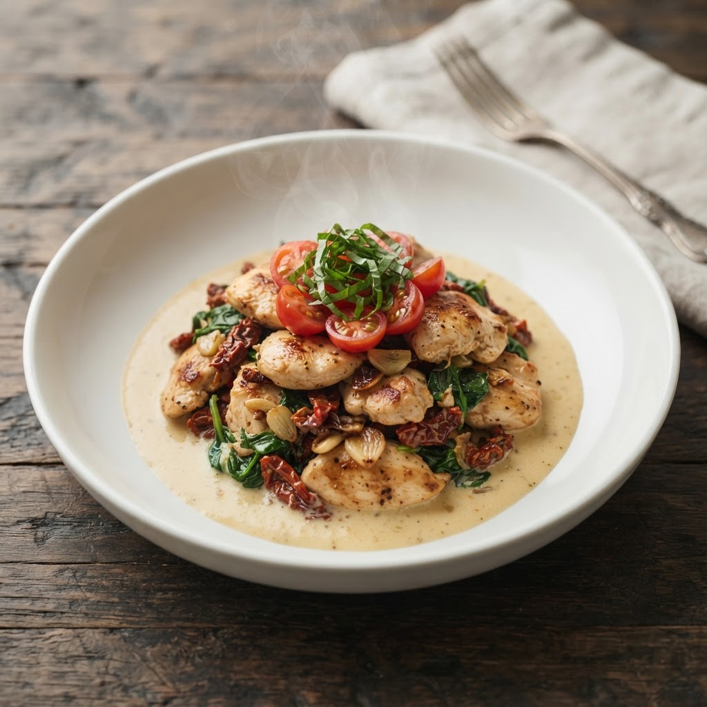 Rustic Tuscan Chicken Skillet, plated