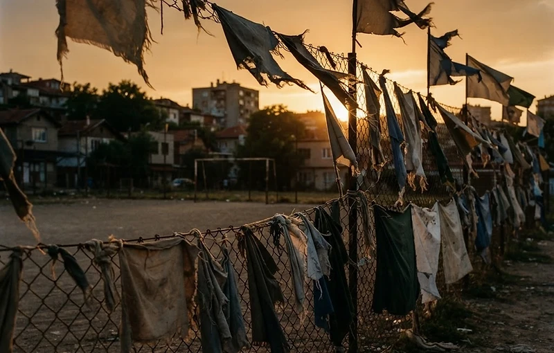 Banderas del equipo colgadas de la alambrada al atardecer