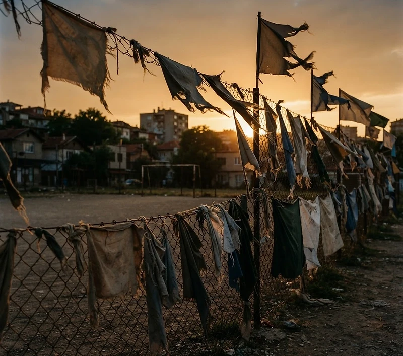 Banderas del equipo colgadas de la alambrada al atardecer