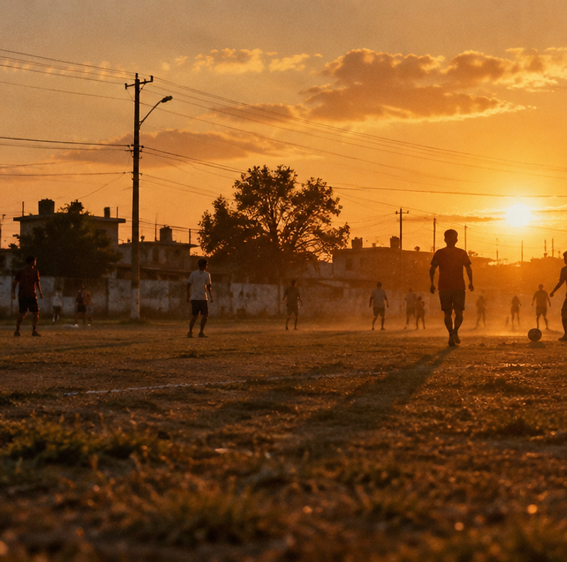 Cancha de fútbol de barrio al atardecer en Ingeniero Budge, siluetas de jugadores a lo lejos