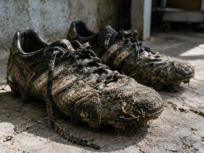 Botas de fútbol embarradas sobre el piso de concreto