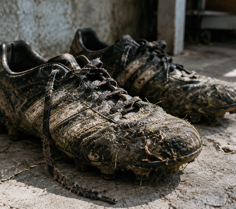 Botas de fútbol embarradas sobre el piso de concreto