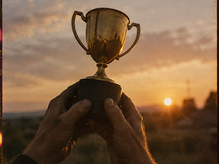 Copa sostenida por manos gastadas contra un cielo al atardecer