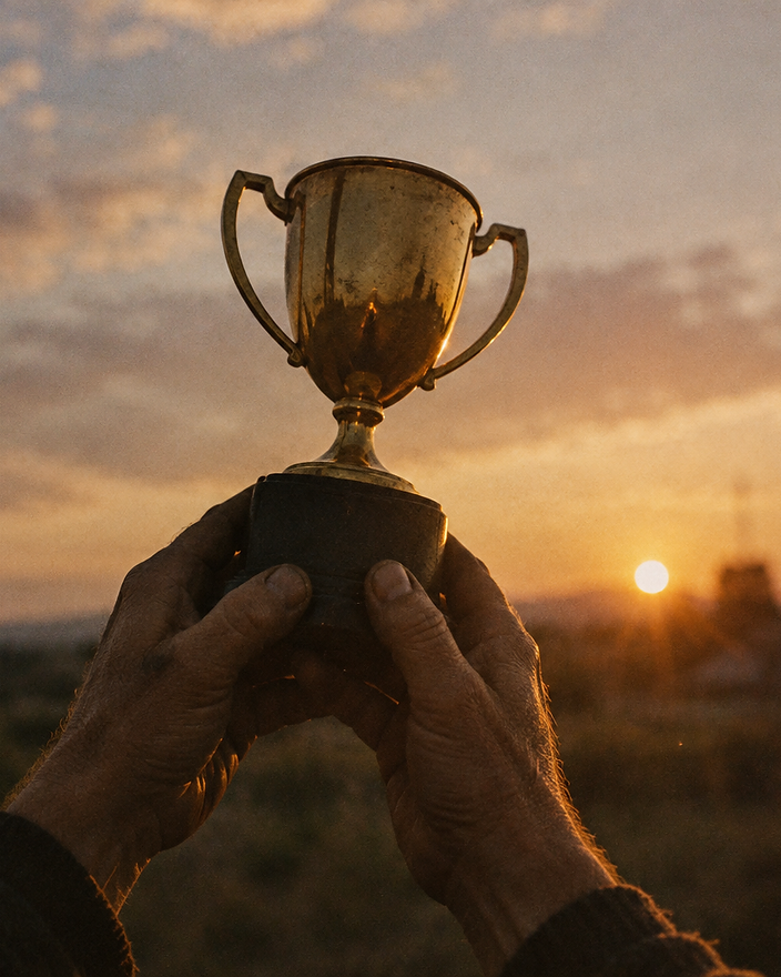 Copa sostenida por manos gastadas contra un cielo al atardecer