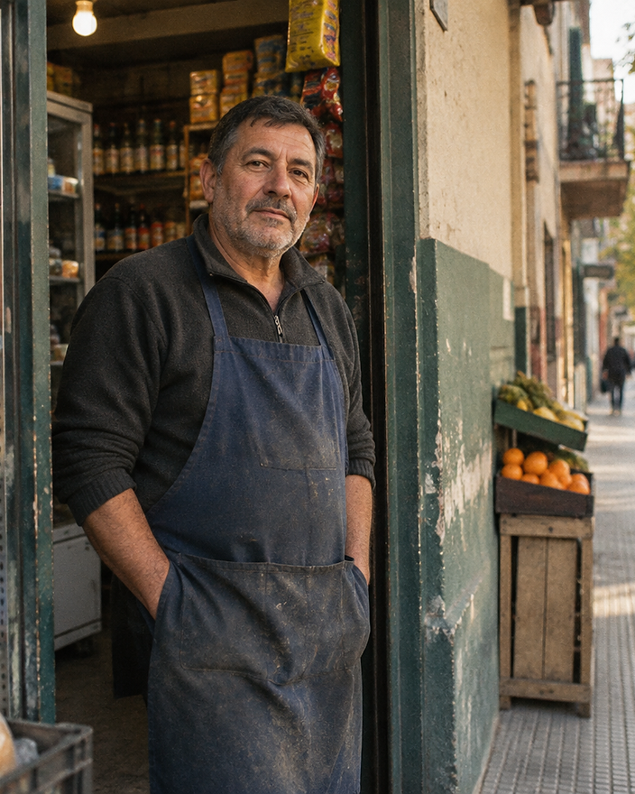 Retrato ambiental de un comerciante del barrio en la puerta de su local
