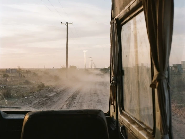 Camino de tierra al amanecer, visto desde la combi del equipo