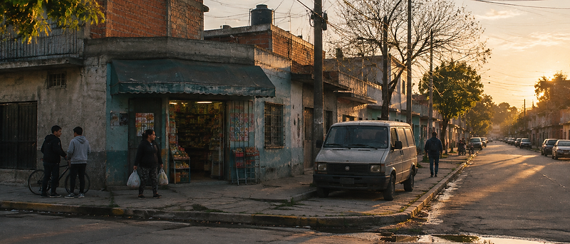 Calle de Ingeniero Budge con cables bajos, comercios pequeños y una combi estacionada