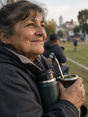 Retrato cercano de una mujer mayor en la banda del partido, con termo de mate