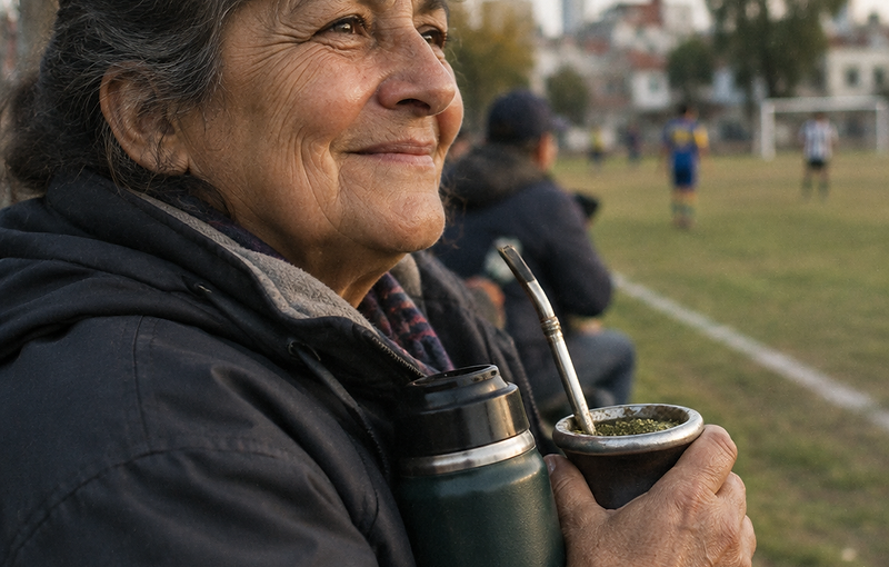 Retrato cercano de una mujer mayor en la banda del partido, con termo de mate