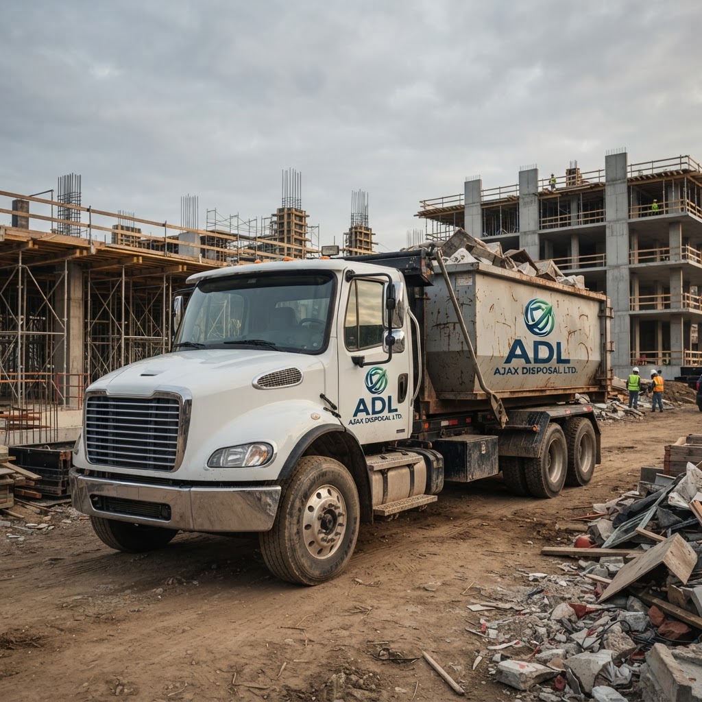 Ajax Disposal truck with a waste bin on the back at a construction site