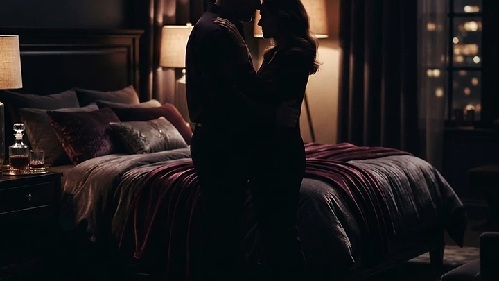 A silhouette of a couple in a dim warm-lit bedroom