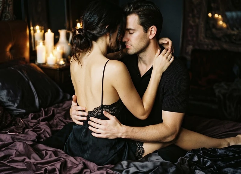A couple embracing on dark satin bedding in warm candlelight