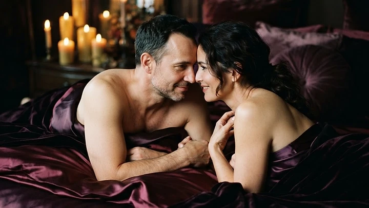 A couple lying close on dark satin sheets in whispered conversation