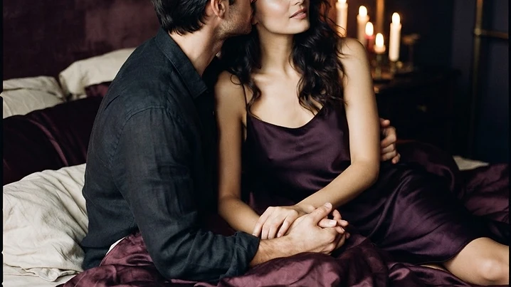 A couple kissing tenderly in warm candlelight on silk sheets