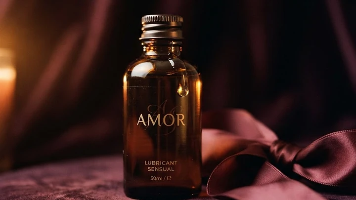 A glass bottle of lubricant beside a silk ribbon on dark velvet
