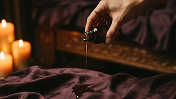 Editorial image — warm amber candlelight massage scene