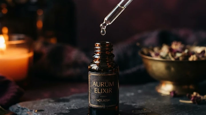 An apothecary dropper bottle releasing a drop in warm light