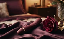 An elegant beginner intimate product on dark silk beside a rose